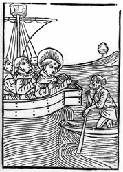 Die Legende von Sankt Brendan (Brandan), Held und irischer Heiliger des 6. Jahrhunderts: Brüder treffen einen Zwerg am Ende der Welt. Gravur aus „Die Wunderbare Meerfahrt des Hl. Brandan.“ Basel