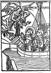 Die Legende von Sankt Brendan (Brandan), Held und irischer Heiliger des 6. Jahrhunderts. Das Gebet des Heiligen Brandan rettet den sündigen Mönch. Gravur aus „Die Wunderbare Meerfahrt des Hl. Brandan“. Basel