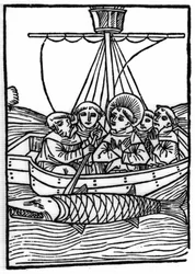 Die Legende von Sankt Brendan (Brandan), Held und irischer Heiliger des 6. Jahrhunderts: Die Begegnung mit dem riesigen Fisch Isconius. Gravur aus „Die Wunderbare Meerfahrt des Hl. Brandan.“ Basel