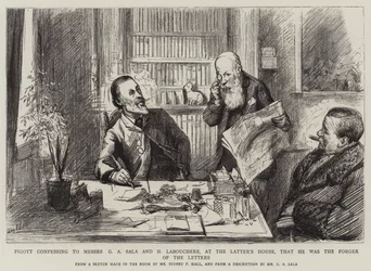 Pigott gesteht Messers G A Sala und H Labouchere, im Haus des Letzteren, dass er der Fälscher der Briefe war