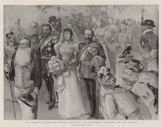 Der Brautzug, der durch den provisorischen Korridor zur Kapelle zieht