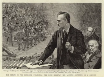 Die Debatte über die inhaftierten Dynamiter, der Innenminister (Mr. Asquith) beantwortet Mr. J. Redmond