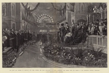 Der Herzog und die Herzogin von Cornwall und York eröffnen das erste Parlament des vereinten Australien, die Thronrede im Ausstellungsgebäude, Melbourne
