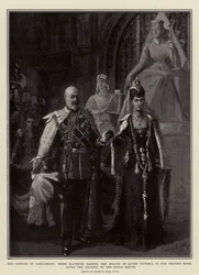 Die Eröffnung des Parlaments, Ihre Majestäten passieren die Statue von Königin Victoria im Prinzenzimmer nach der Verlesung der Königlichen Rede