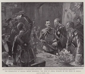 Die Präsentation an Oberst Hector MacDonald, der Herzog von Atholl schnallt das Ehrenschwert an