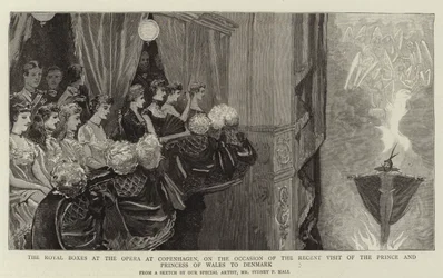 Die königlichen Logen in der Oper in Kopenhagen, anlässlich des kürzlichen Besuchs des Prinzen und der Prinzessin von Wales in Dänemark