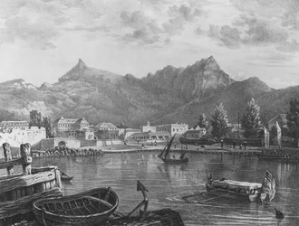 Port Louis, Mauritius, von der östlichen Seite des Hafens, ca. 1830 (Lithographie)
