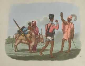 Ein bengalischer Sepoy und seine Familie treffen ein Mitglied der Byraggee-Kaste, um 1799
