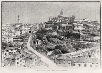 Gesamtansicht von Siena (Italien). Gravur von Taylor zur Illustration der Geschichte „A travers la Tuscane“ von Eugene Muntz (1845-1902), in Le tour du Monde 1892, unter der Leitung von Edouard Charton (1807-1891), Hachette, Paris.