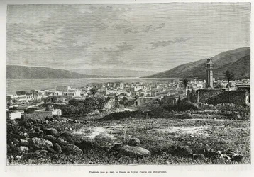 Gesamtansicht von Tiberias (Israel). Gravur von Taylor, zur Illustration der Geschichte von Syrien heute von M. Lortet, Dekan der Medizinischen Fakultät von Lyon, beauftragt mit einer wissenschaftlichen Mission durch das Ministerium für öffentliche Bildung