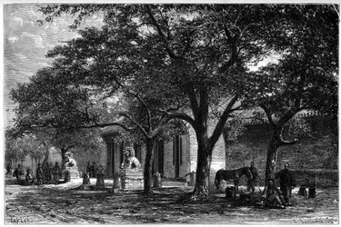 Legation von Frankreich in Peking (Beijing) im 19. Jahrhundert. Gravur nach einer Zeichnung von Taylor, nach einem Foto von Dr. Morache, in „Le Tour du Monde, Nouveau journal des Voyages“, herausgegeben von Edouard Charton, Paris