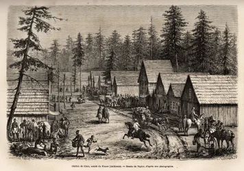 Der Bahnhof von Cisco, Graf von Placer (Nevada), wo man den Expresszug der Pacific Railway (Pacific Railway) nehmen kann, graviert nach Taylors Zeichnung, zur Illustration der Reise von Washington nach San Francisco im Jahr 1868, von L. Simonin, veröffentl
