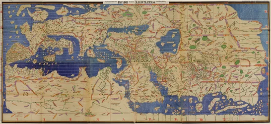 Eine 1929 Kopie mit Namen in lateinischer Schrift des arabischen Tabula Rogeriana von 1154, umgedreht mit Norden nach oben