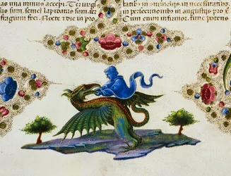 Bordüre am Fuß der Seite mit Figur des Genius und geflügeltem Monster, Band II f 198, v, Bibel von Borso d