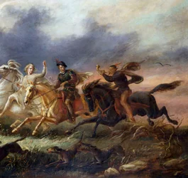 Allegorie der Jagd, drei Reiter auf galoppierenden Pferden, einer von ihnen spielt das Horn