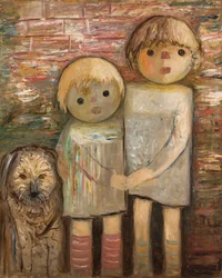 Zwei Kinder mit einem Hund