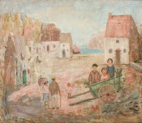 Kleinstadtlandschaft mit Kindern in einem Wagen