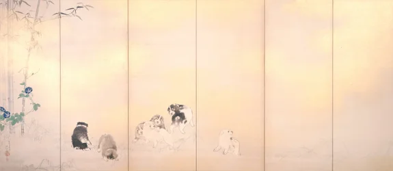 Paravent mit Glyzinien und Morgenröte mit Hunden