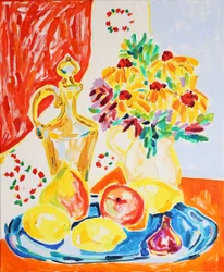 Bunte Blumen und Früchte