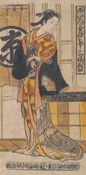 Schauspieler Tsu-uchi Monsaburo in einer Frauenrolle im Stück Drei Fälle von Glück..., ca. 1730