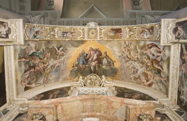 Christus in Herrlichkeit mit dem heiligen Gaudentius und im Bogen Zacharias, Moses und König David