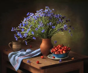 Sommer-Kornblumen und Kirschen