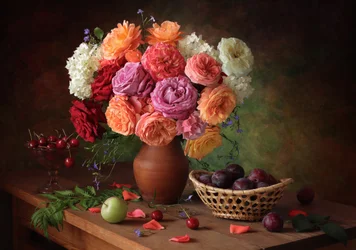 Lebendige Rosen und frisches Obst