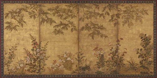 Mimosenbaum, Mohnblumen und andere Sommerblumen, Edo-Periode, 1630-1670