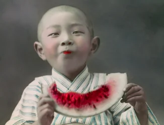 Japanisches Kind isst ein Stück Wassermelone, um 1900 - 1915
