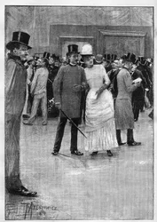 Besucher der Ausstellung von Zeichnungen der Ecole Moderne an der Ecole des Beaux Arts in Paris. Zeichnung von Herrn Axentowicz. Gravur in „Le Monde Illustré“.