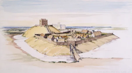 York Castle, wie es kurz nach dem Bau ausgesehen haben könnte, mit dem Münster dahinter