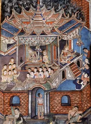 Detail der Wandmalereien von Viharn Laikam, die die Sang Thong Geschichten darstellen