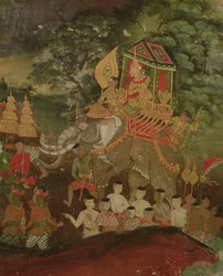 König Sanjaya auf einem Elefanten, Wat Suwannaram, Dhonburi, 1831