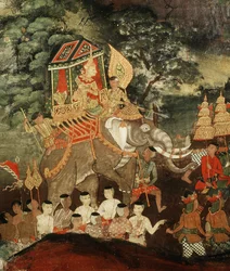 König Vessantara auf einem weißen Elefanten trifft die Brahmanen, Szene aus Vessantara Jataka, frühes 19. Jahrhundert