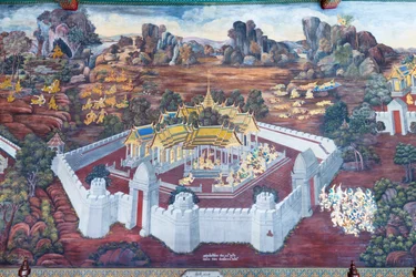 Wandgemälde mit Szenen aus dem Ramayana im Wat Phra Kaeo, dem Königlichen Großen Palast, Bangkok, Thailand