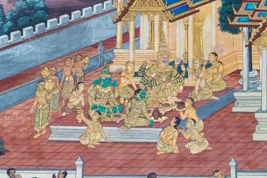 Wandmalerei, die Szenen aus dem Ramayana im Wat Phra Kaeo, dem Königlichen Großen Palast, Bangkok, Thailand, darstellt