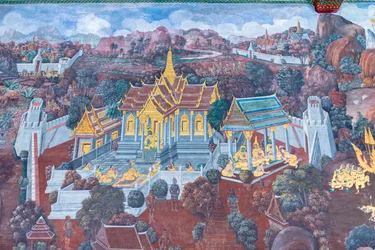 Wandgemälde mit Szenen aus dem Ramayana im Wat Phra Kaeo, dem Königlichen Großen Palast, Bangkok, Thailand