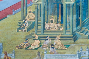 Wandgemälde mit Szenen aus dem Ramayana im Wat Phra Kaeo, dem Königlichen Großen Palast, Bangkok, Thailand