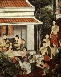 Palastdamen kaufen Schmuck und Spiegel von muslimischen Händlern, Rattanakosin-Stil