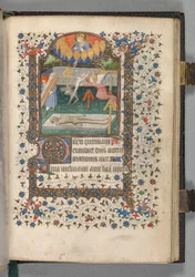 Stundenbuch Gebrauch von Paris: Fol. 118r, Engel und Teufel kämpfen um eine Seele, c. 1420