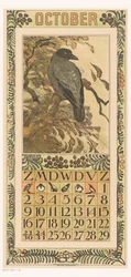 Kalenderblatt Oktober mit bunter Krähe