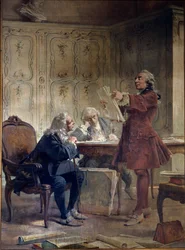 Der Naturforscher und Intendant des Jardin du roi Georges-Louis Leclerc, Graf von Buffon (1707-1788), liest die ersten Blätter seines Naturgeschichtswerks vor dem Botaniker Bernard de Jussieu (1699-1777) und dem Naturforscher Edme-Louis Daubenton (1732-17