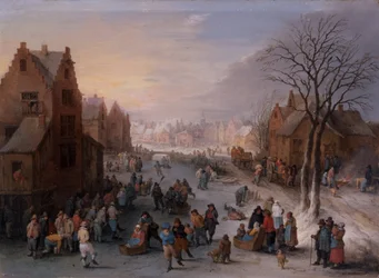 Eine Winterstadtlandschaft mit zahlreichen Figuren