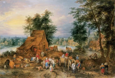 Dorfszene mit arbeitenden Bauern