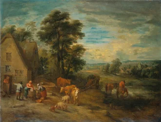 Landschaft mit Bauern und Vieh bei einem Cottage