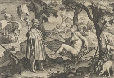 Neue Erfindungen der Neuzeit [Nova Reperta], Die Entdeckung Amerikas, Platte 1, ca. 1600