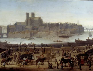 Der Kai und die Brücke von Tournelle in Paris (Detail). Ansicht der Docks und der Insel La Cite. Gemälde zugeschrieben Theodor Matham (1606-1676) 1646