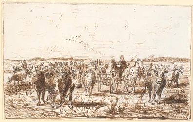 Vieh und Milchwagen auf einer Wiese