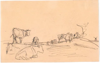 Landschaft mit liegenden und stehenden Kühen