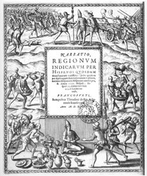 Bartholome de Las Casas (1474-1566) verurteilt die grausame Behandlung der Indianer durch die Konquistadoren, aus 